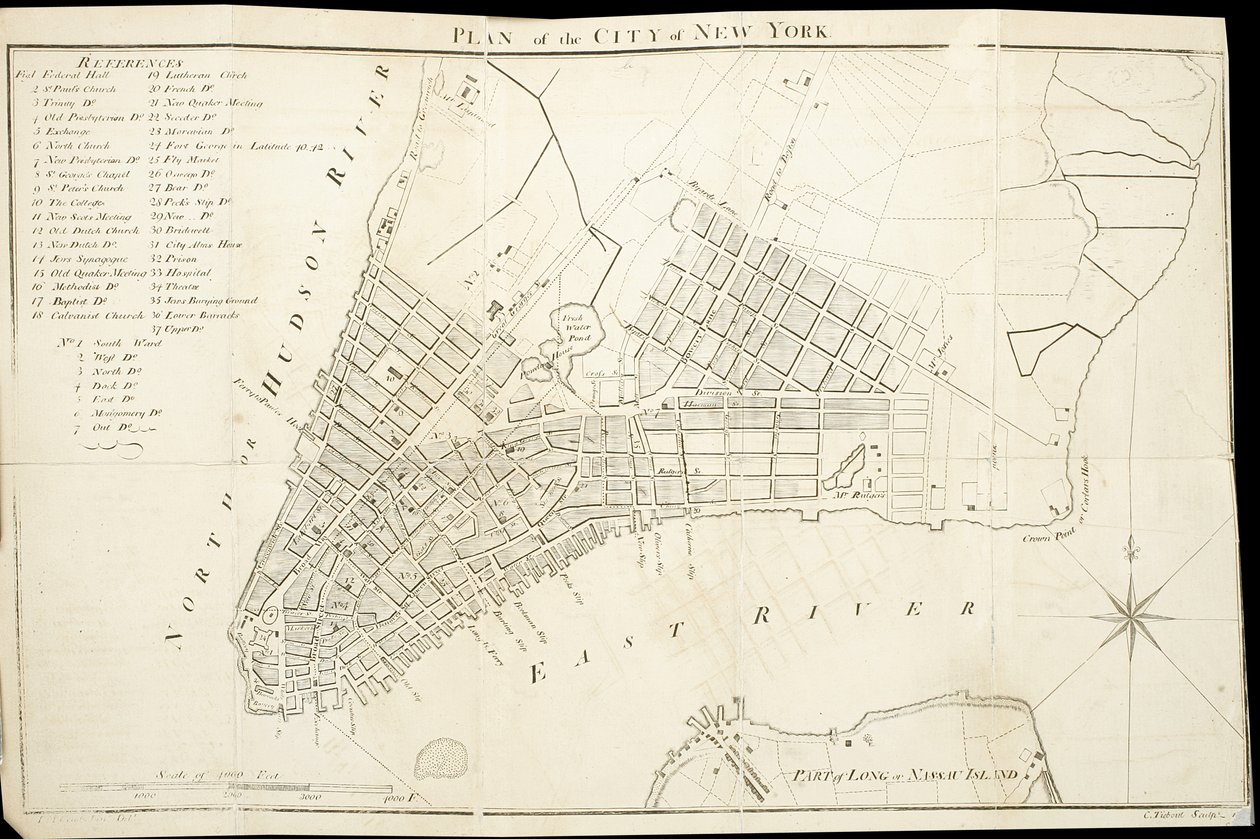 Plan över staden New York, graverad av Tiebout, 1789 (gravyr, bläck på papper) av American School