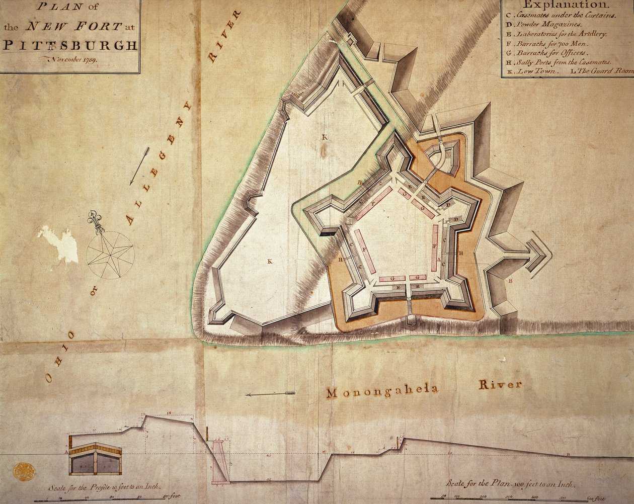 Plan över det nya fortet i Pittsburgh, november 1759 (handfärgad gravyr) av American School