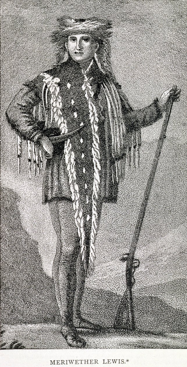 Porträtt av Meriwether Lewis (1774-1809) graverad av Stuckland, publicerad i Analectic Magazine, 1815 av American School
