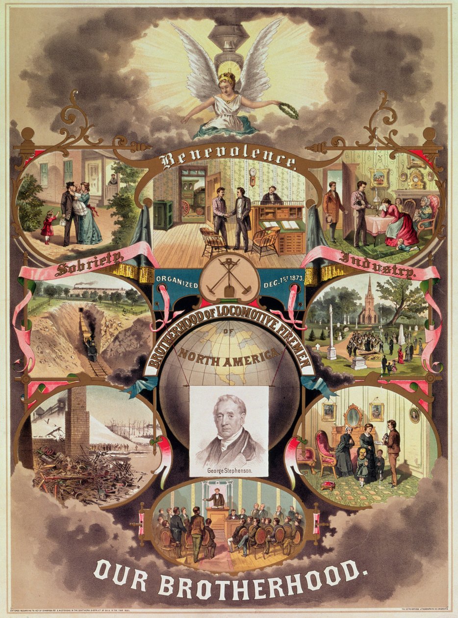 Affisch av "Brotherhood of Locomotive Firemen of North America", 1885 av American School