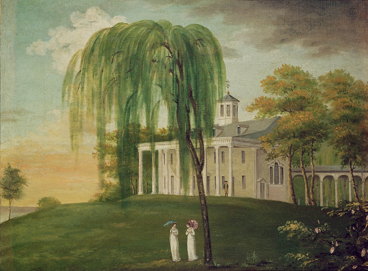 President George Washington (1732-99) på verandan till sitt hus vid Mount Vernon av American School