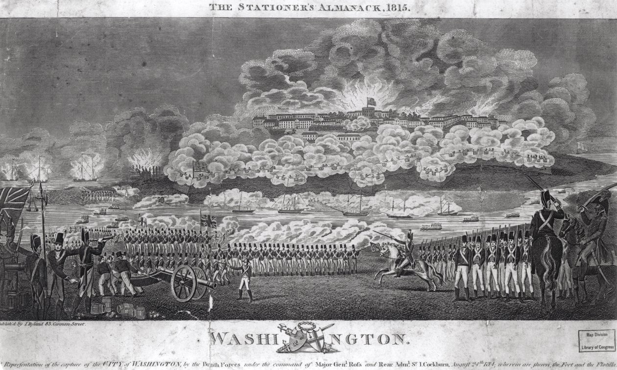 Representation av tillfångatagandet av staden Washington av de brittiska styrkorna, 24 augusti 1814, från "The Stationer