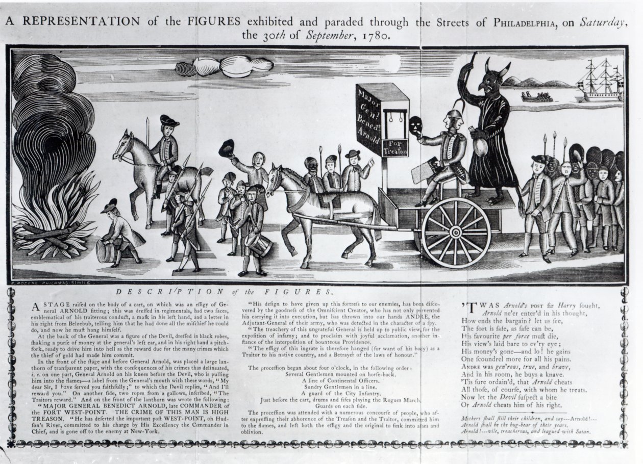 Representation av figurerna utställda och paraderade genom Philadelphias gator lördagen den 30 september 1780 av American School