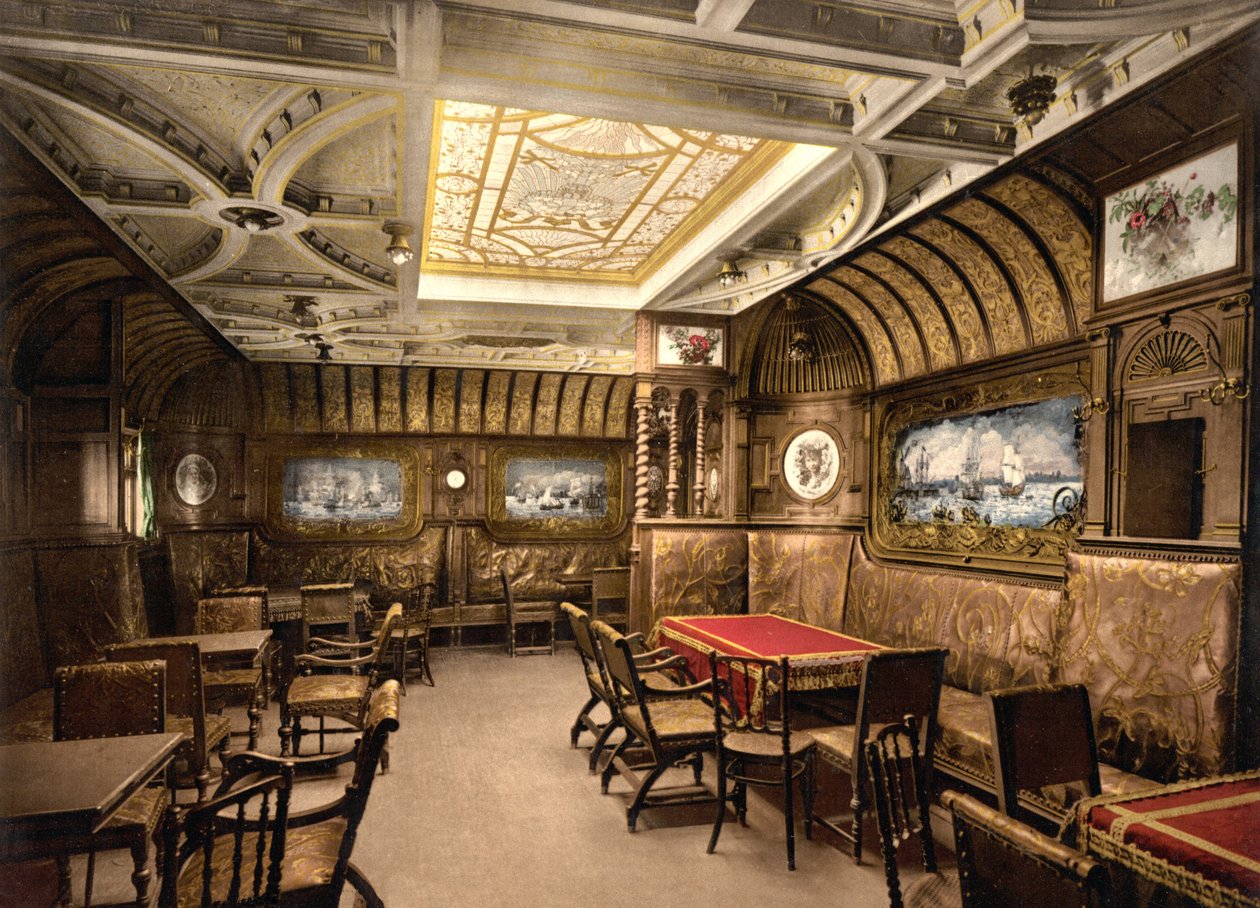 Röksalong på Kaiser Wilhelm der Grosse, pub. C. 1897 (färglitografi) av American School
