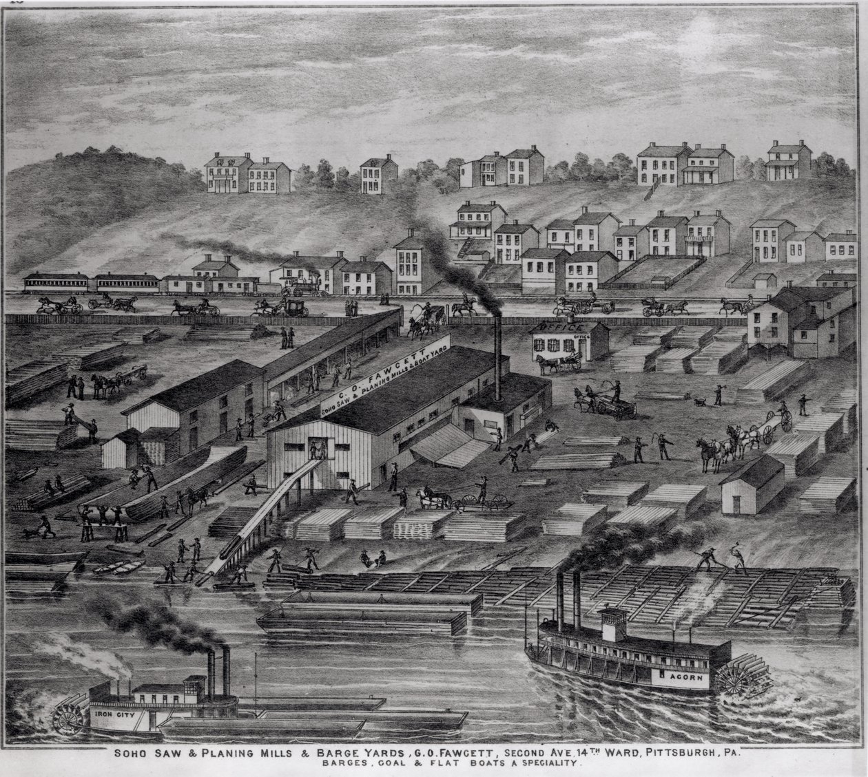 Soho Saw and Planing Mills and Barge Yards, G.O. Fawcett, Second Avenue, 14th Ward, Pittsburgh, PA, från 