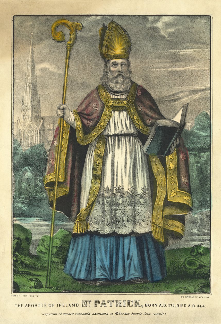 St Patrick, pub. Currier & Ives, ca 1860 (handfärgad gravyr) av American School