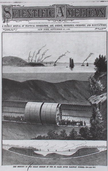 Underjordisk tunnel under St. Claire River, från Scientific American 13th September 1890 av American School