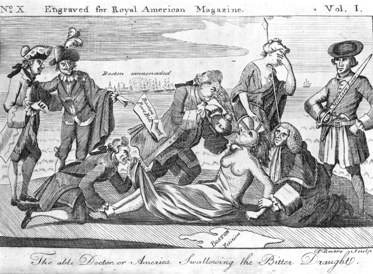 The Able Doctor, or America Swallowing the Bitter Draught, graverad av Paul Revere (1735-1818) för 