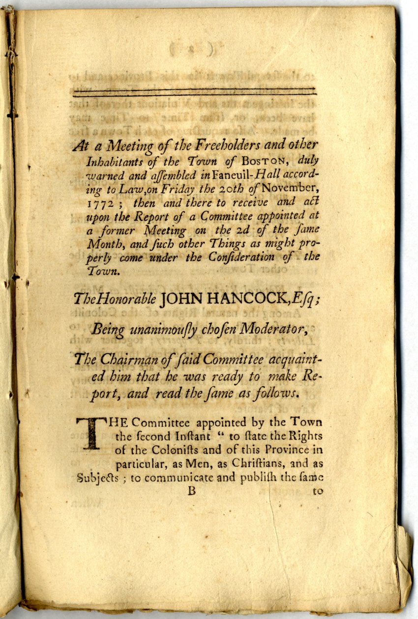 "Boston-broschyren": Rösterna och förfarandena för friinnehavarna och andra invånare i staden Boston, i Town Meeting Assembled, 1772 av American School