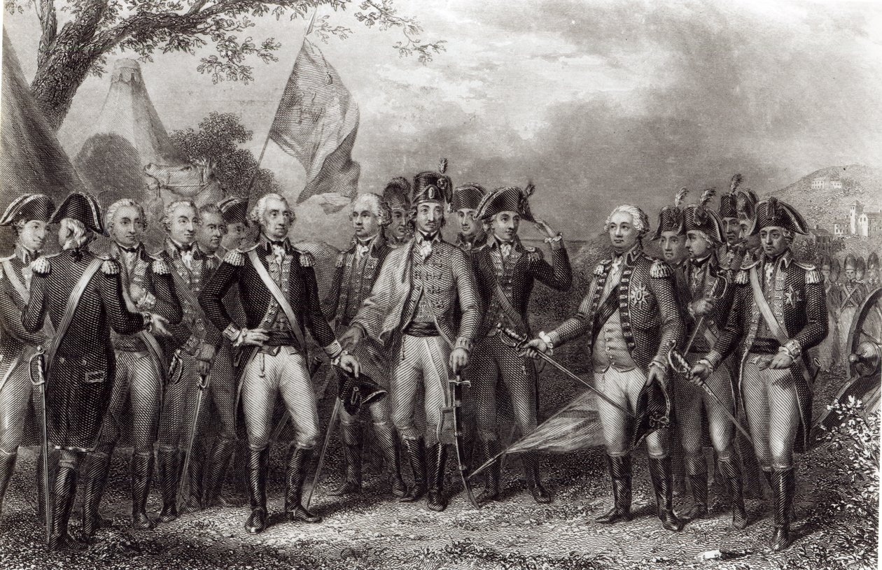 Britterna överlämnar sina vapen till general Washington, 19 oktober 1781, graverade av J. Stephenson av American School