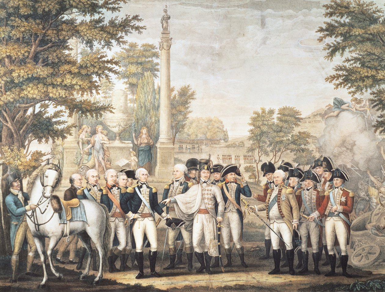 Britterna kapitulerar till general Washington efter deras nederlag i Yorktown, Virginia, oktober 1781 av American School