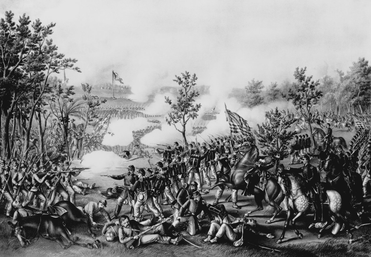 General James B. Mcphersons död i slaget vid Atlanta den 22 juli 1864, pub. av Kurz und Allison, Chicago, 1888 av American School