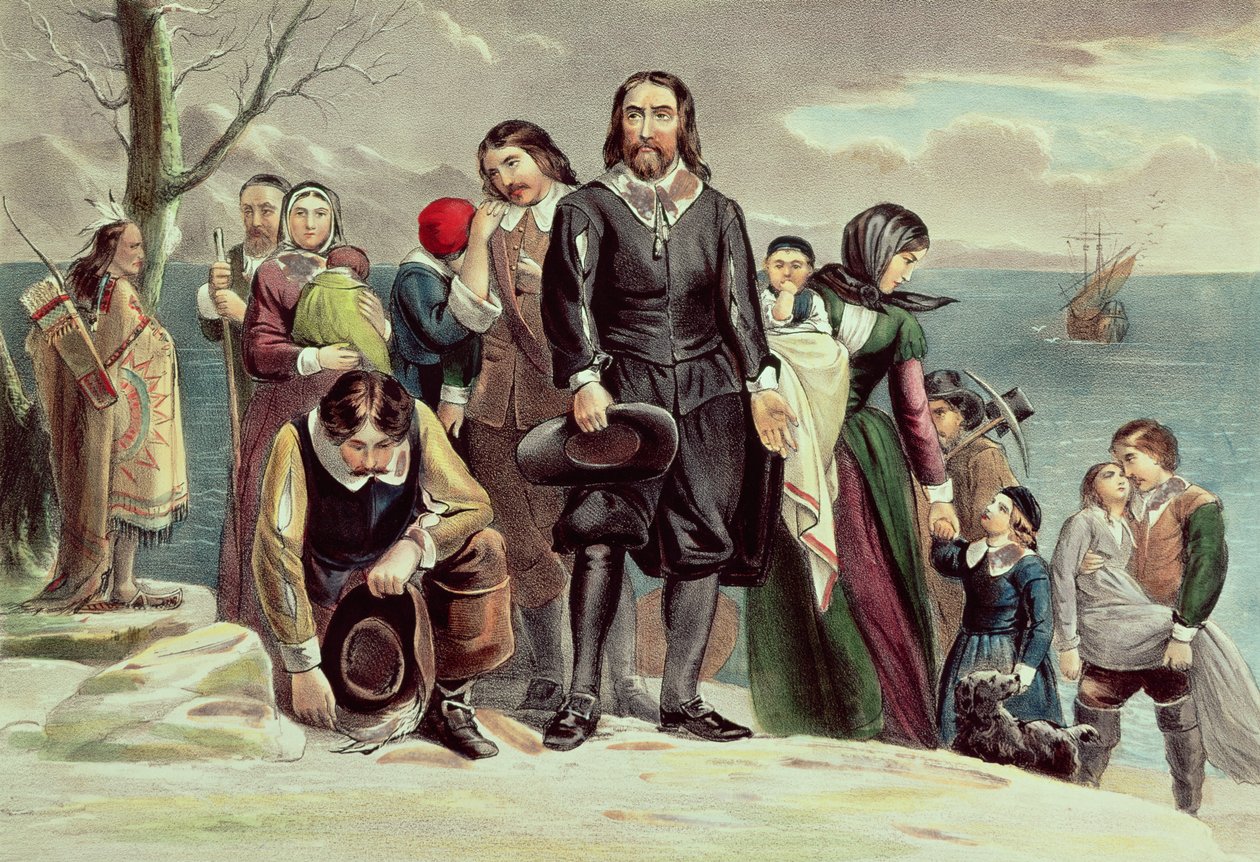 The Landing of the Pilgrims i Plymouth, Massachusetts, 22 december 1620 publicerad av Currier und Ives (se även 97927) av American School