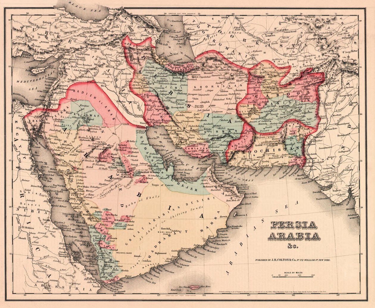 Mellanöstern i mitten av 1800-talet, från Coltons General Atlas, upplaga av 1857 (handfärgad gravyr) av American School