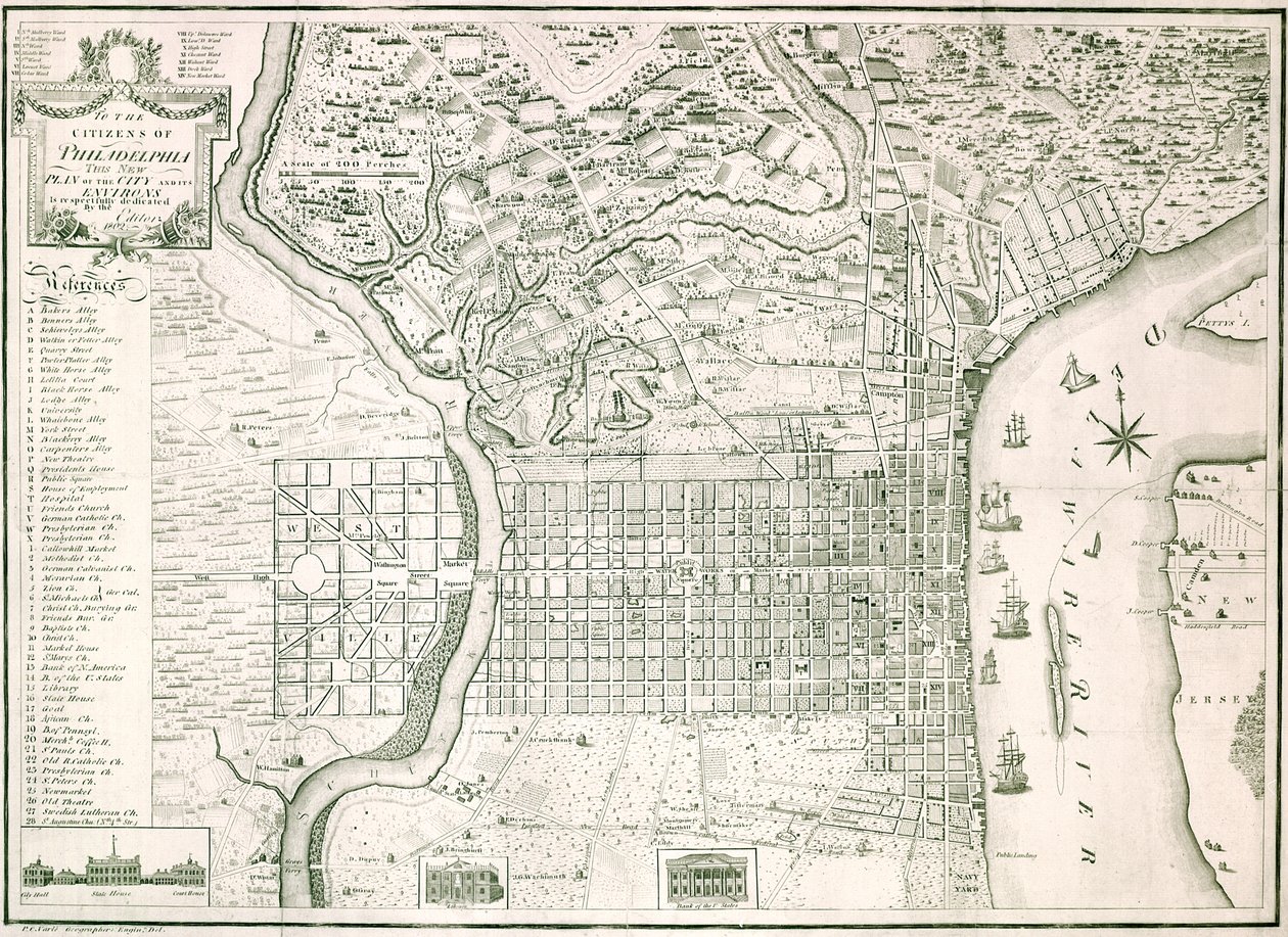 Den nya planen för staden Philadelphia och dess omgivningar, 1802 av American School