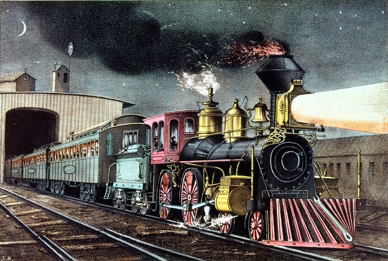 The Night Express: The Start, publicerad av Nathaniel Currier (1813-88) och James Merritt Ives (1824-95) av American School