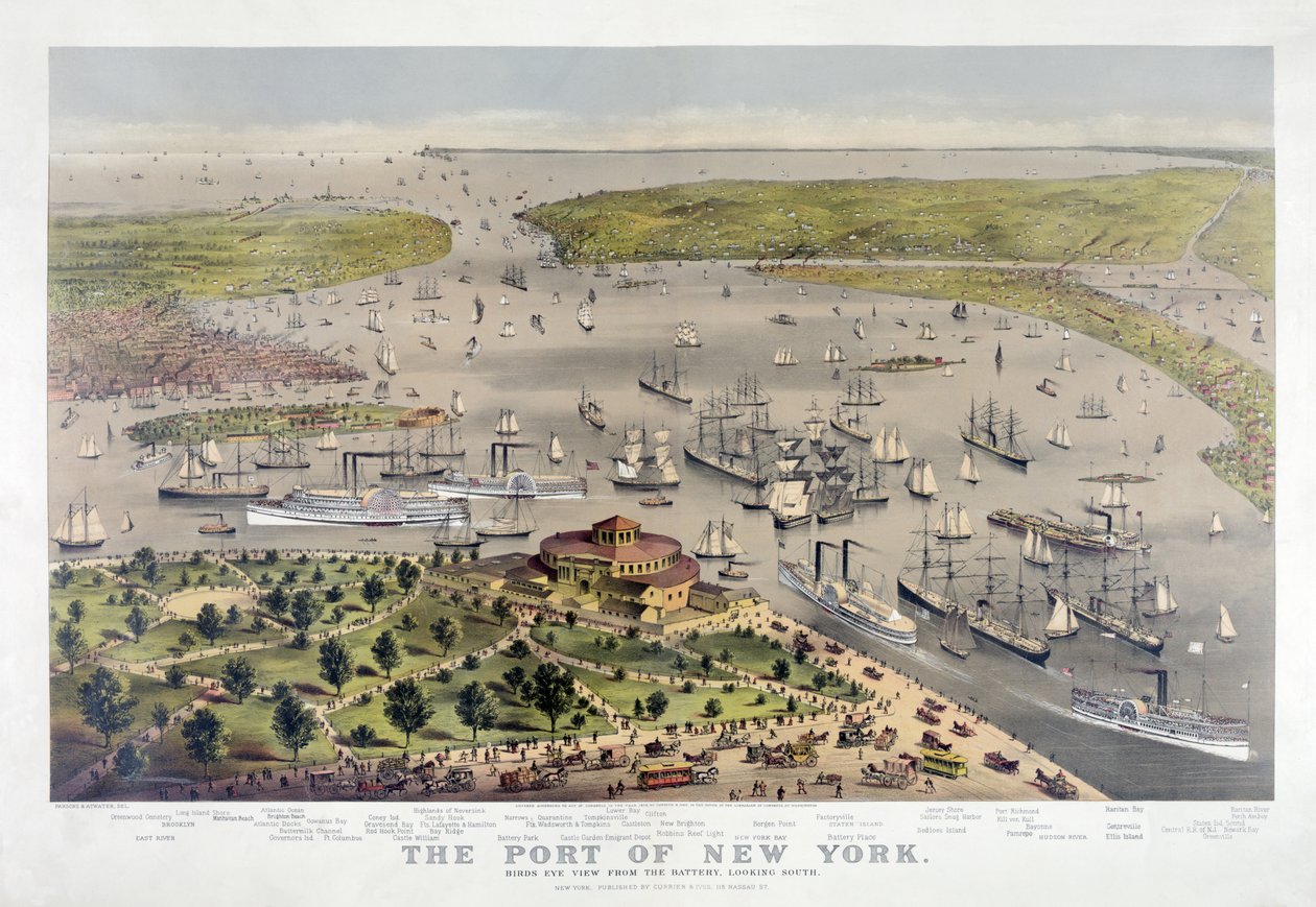 The Port of New York: Birds Eye View from the Battery, looking south, pub. 1878 (färglitografi) av American School