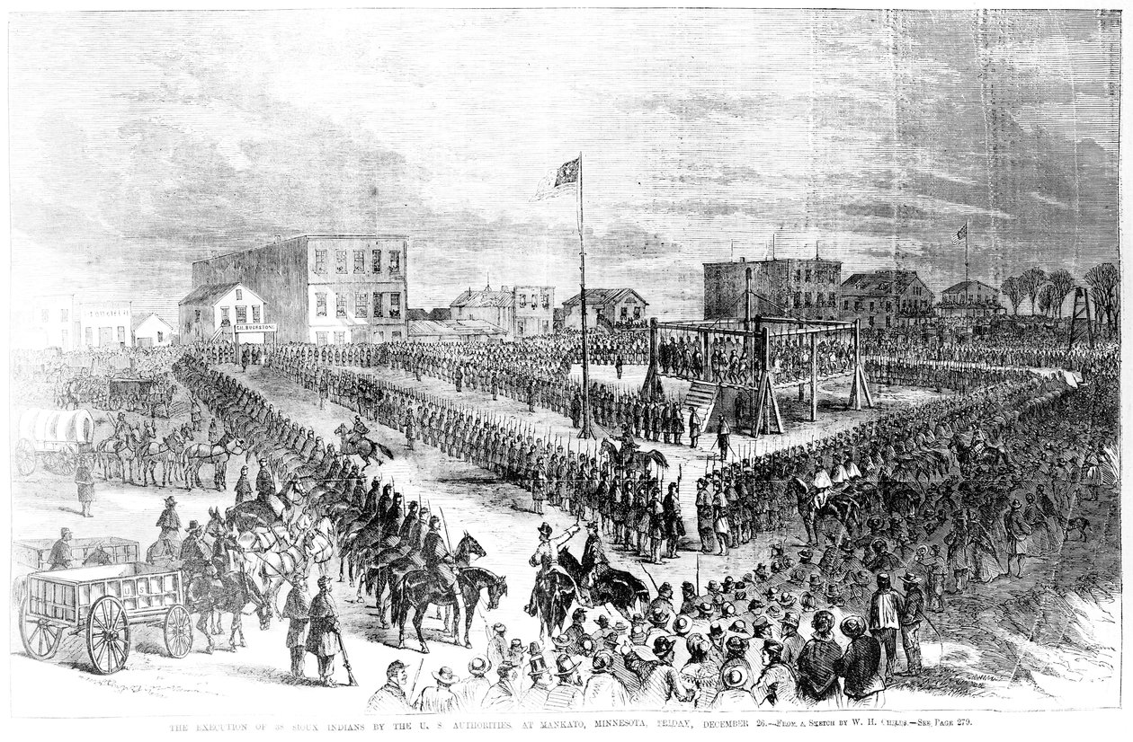 De amerikanska myndigheternas avrättning av siouxindianer i Mankato, Minnesota fredagen den 26 december 1862, från Frank Leslies Illustrated Newspaper, 24 januari 1863 av American School