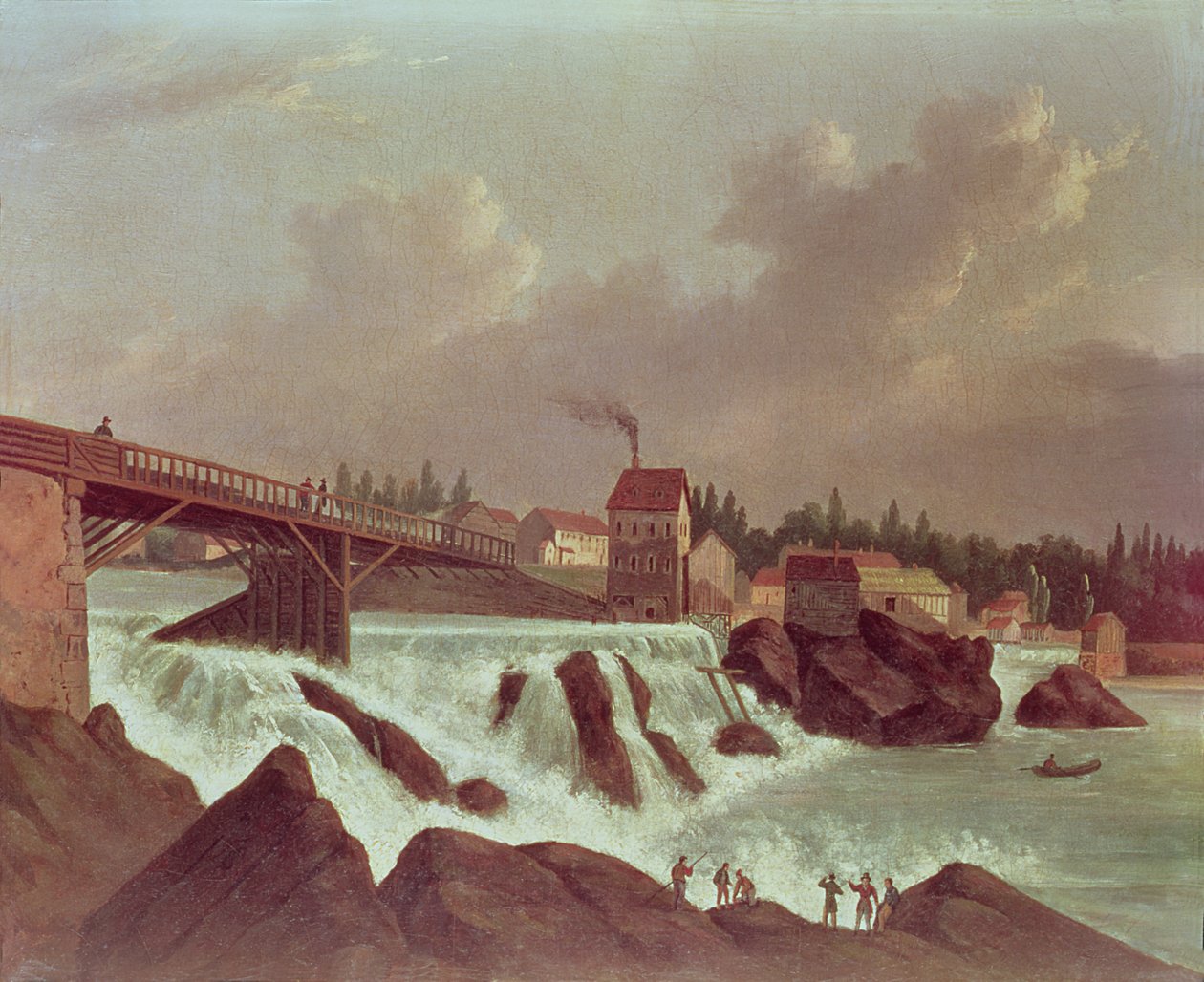 Den første bomuldsmølle i Amerika, etableret af Samuel Slater ved Blackstone River ved Pawtucket, Rhode Island, ca. 1790 swed av American School