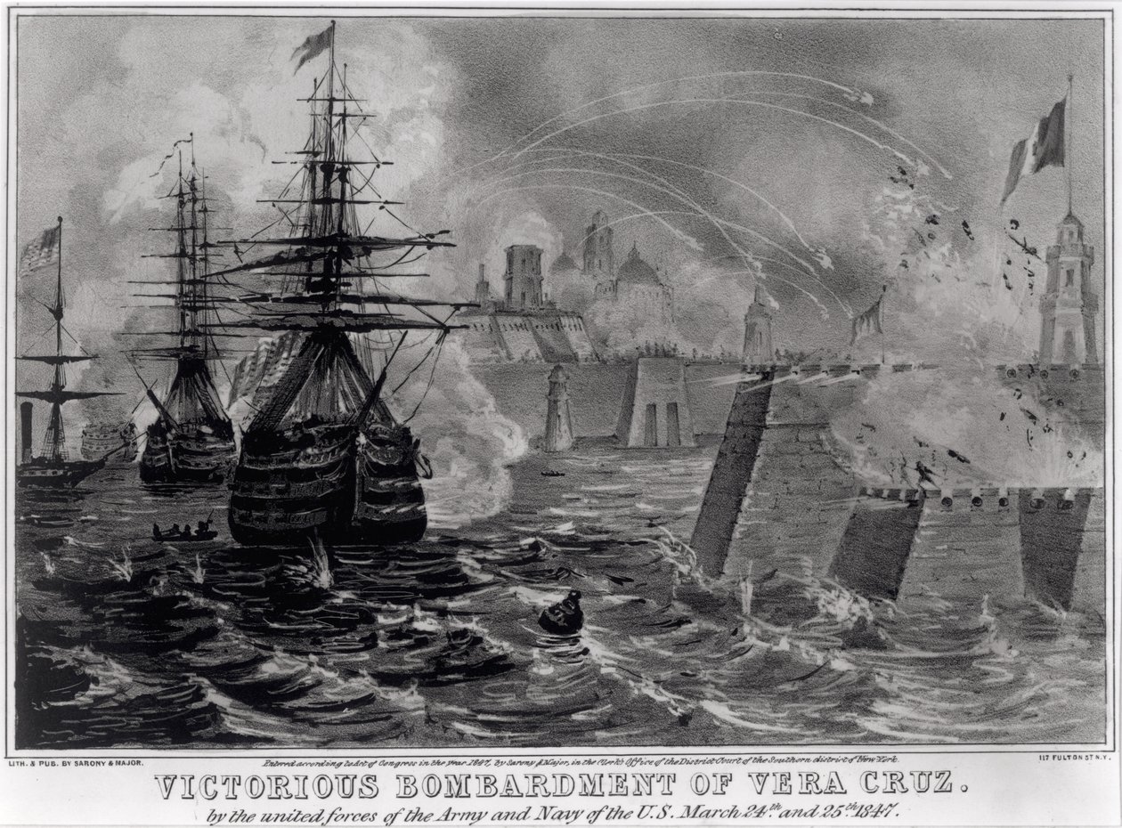 Victorious Bombardment av Vera Cruz av United Forces of Army and Navy of US, 24 och 25 mars 1847, pub. av Sarony und Major, 1847 av American School
