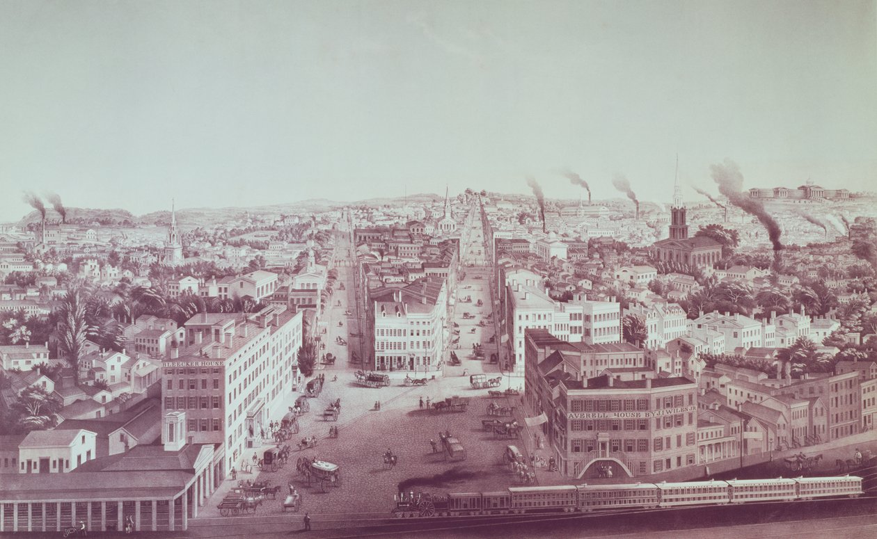 Vy över Utica City, New York State, graverad av D.W. Moody, pub. av F. Michelin, ca 1850 av American School
