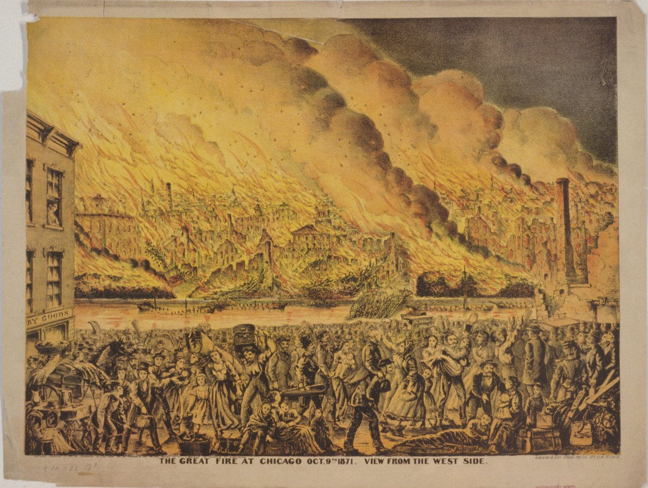 Utsikt över den stora branden i Chicago den 9 oktober 1871, från västsidan av American School