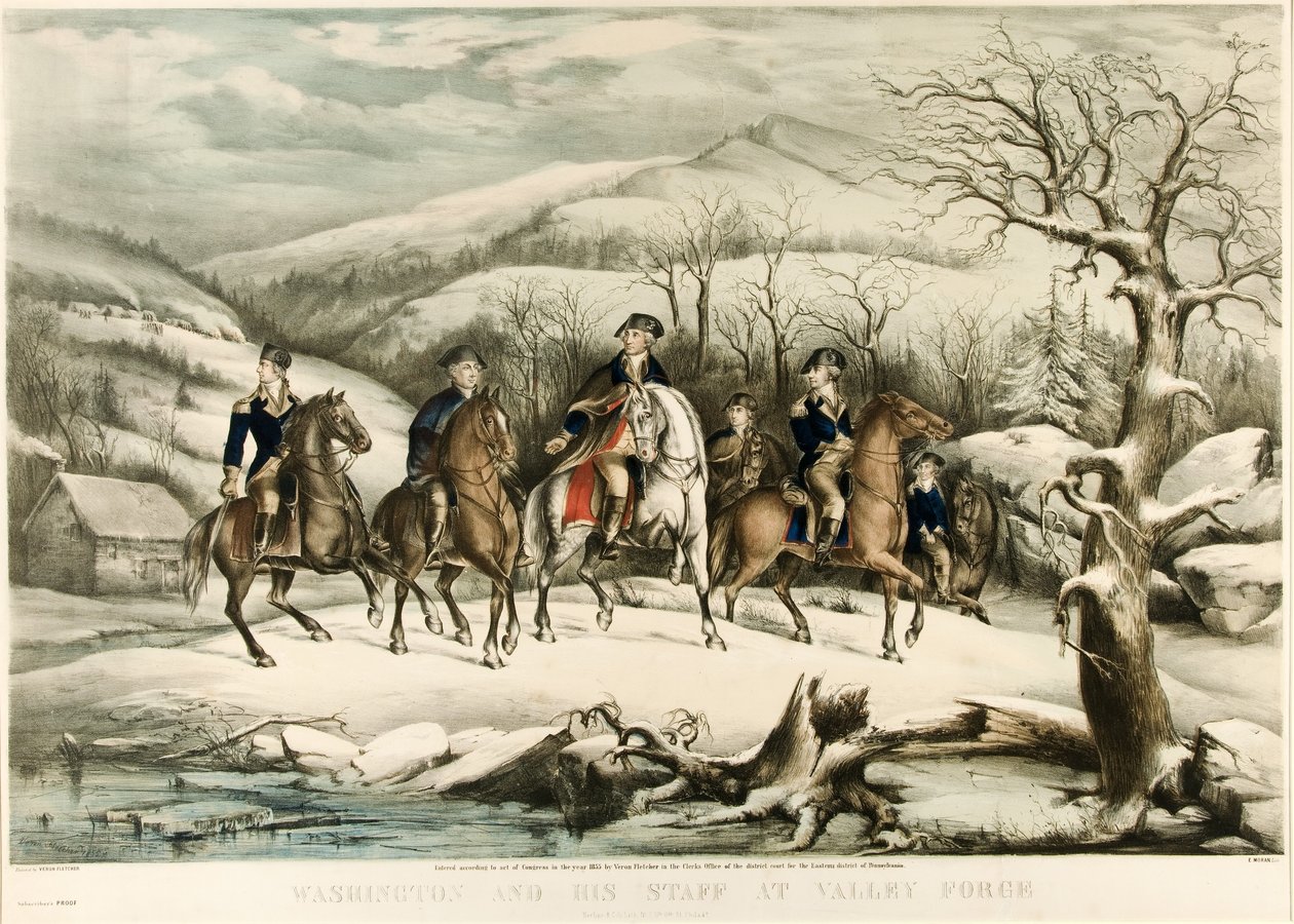 Washington och hans personal på Valley Forge, pub. 1855 av American School