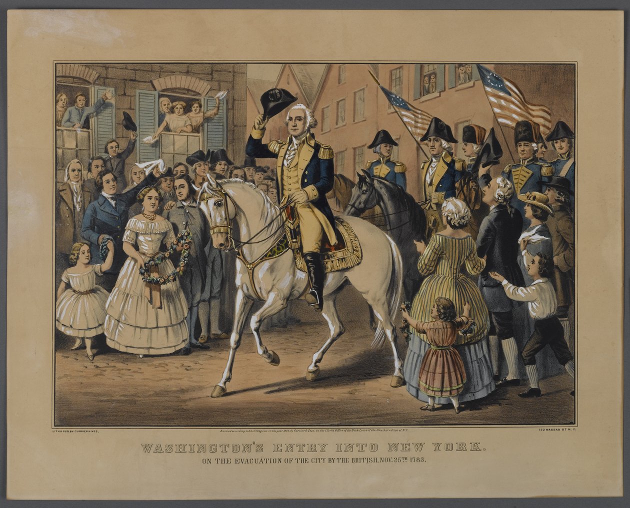 Washingtons Entry into New York, publicerad av Currier & Ives, New York, 1857 (handfärgad litho) av American School