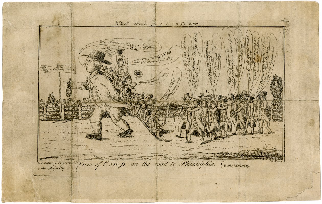 Vad tycker du om kongressen nu? Utsikt över kongressen på vägen till Philadelphia A. Ladder of Preferment & Majority--B. herrgården, 1790 av American School