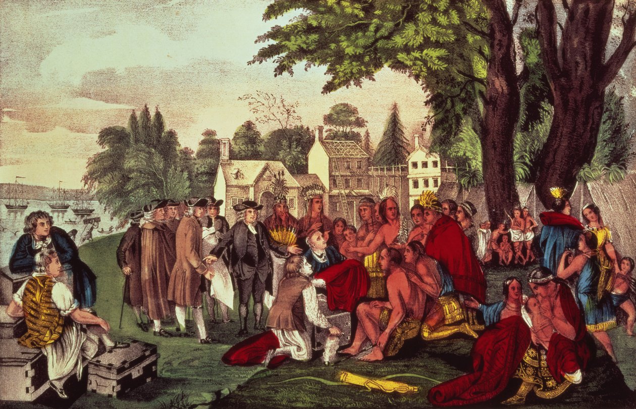 William Penns traktat med indianerne, da han grundlagde provinsen Pennsylvania, 1661, pub. af Currier und Ives swed av American School