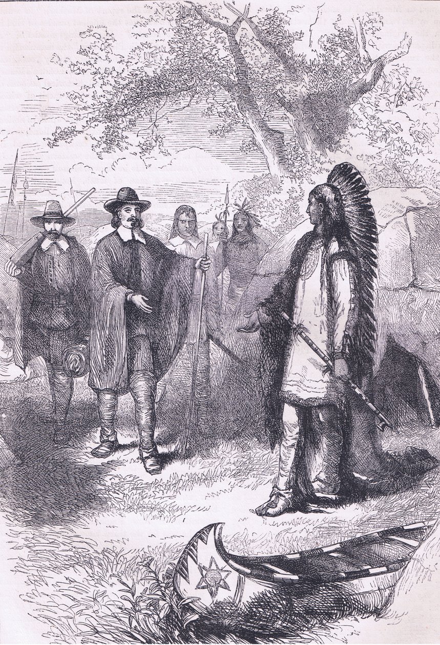 Winslows besök i Massaqit 1634, illustration från Cassells History of the United States pub. av Petter & Galpin c.1890 av American School