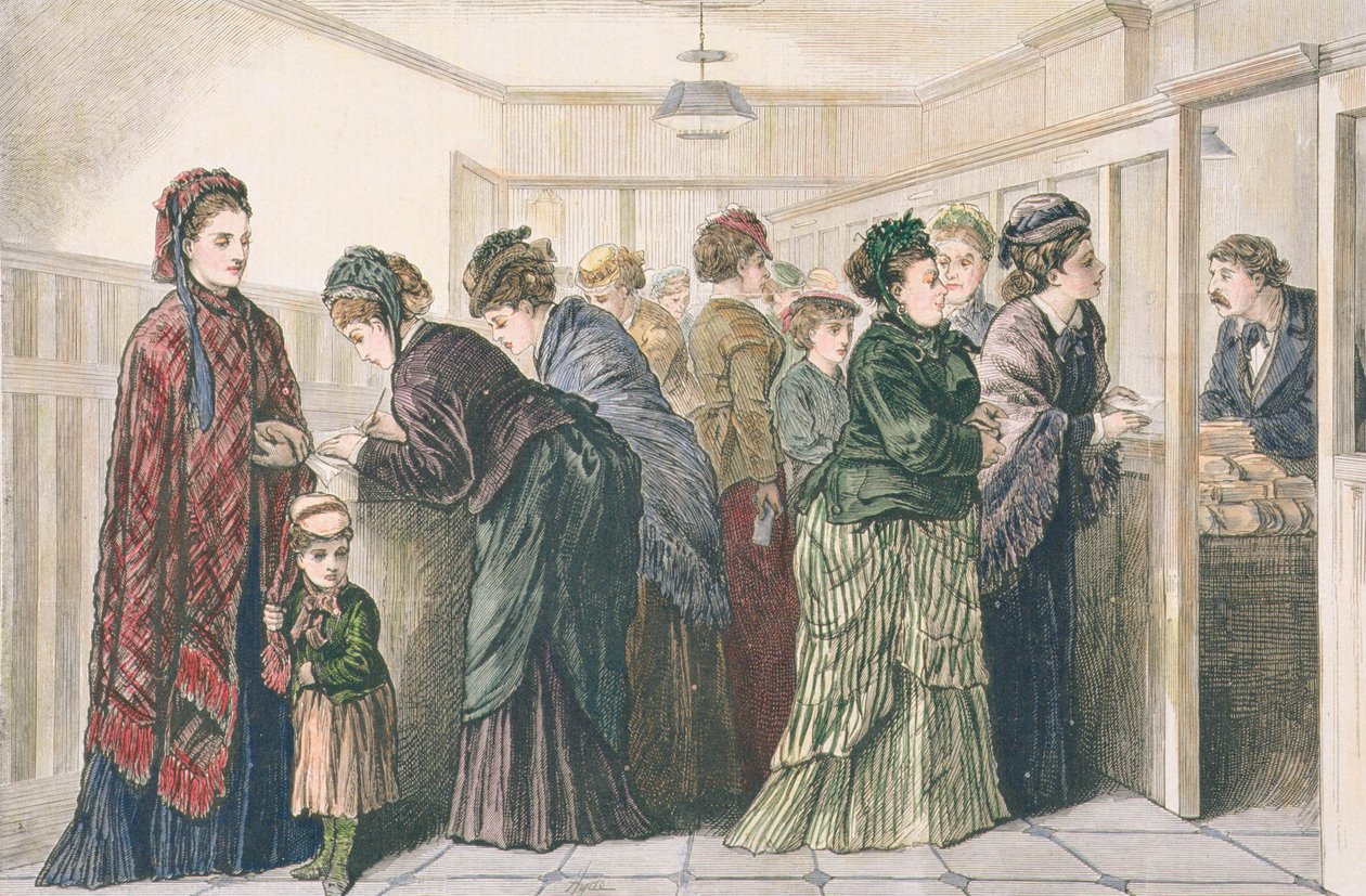 Kvinnor på tidningskontoret placerar annonser för arbete, New York, 1874 av American School