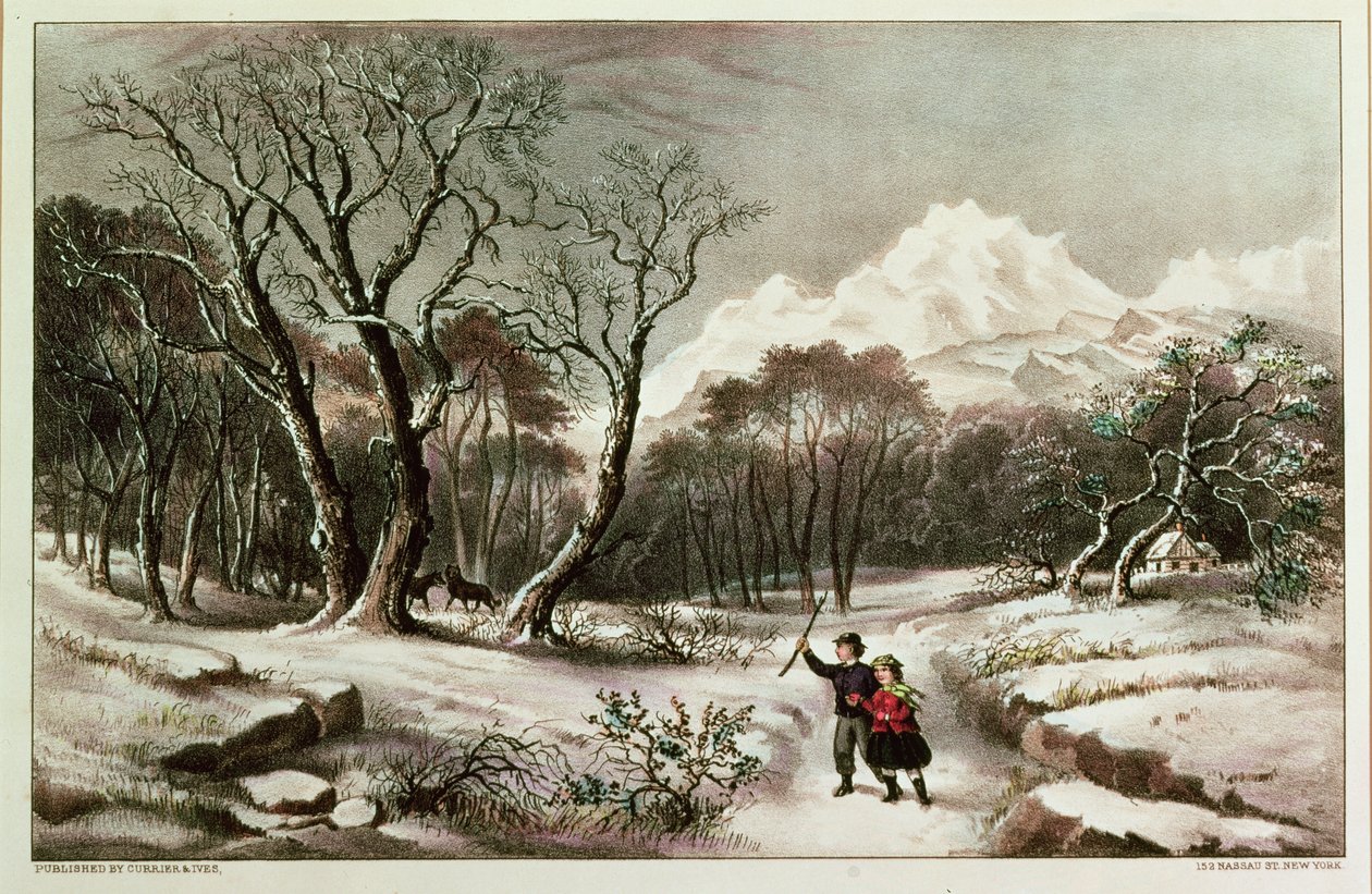 Woodlands in Winter, publicerad av Nathaniel Currier (1813-88) och James Merritt Ives (1924-95) av American School