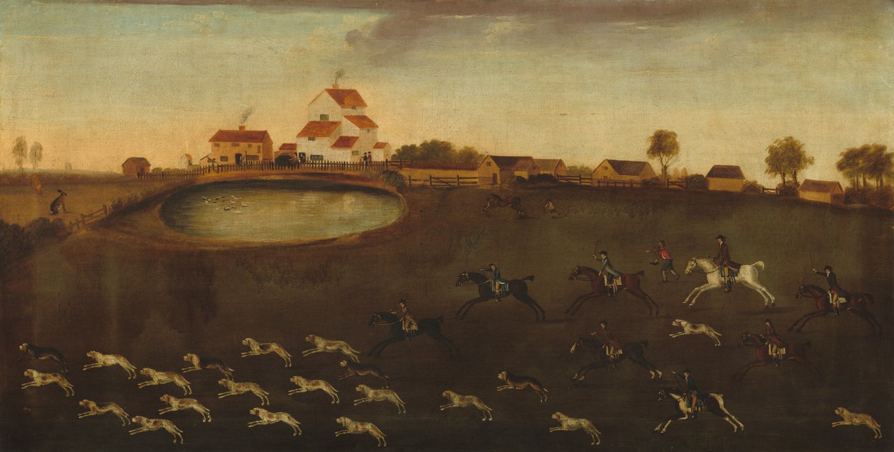 Jaktscen med en damm av American 18th Century