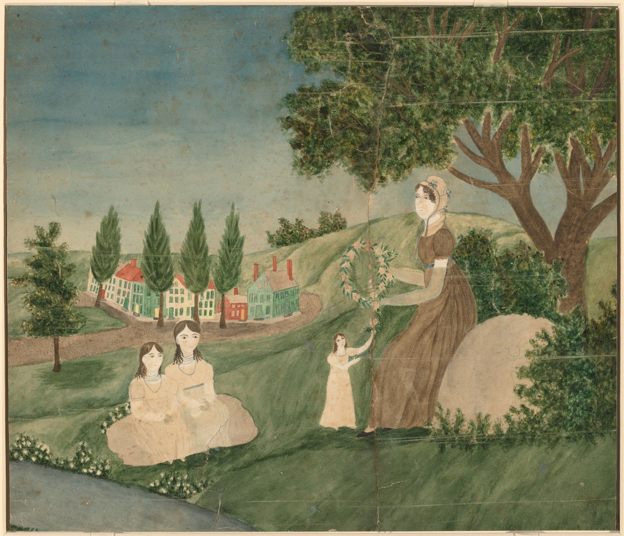 Mor och tre barn gör en blomkrans av American 19th Century