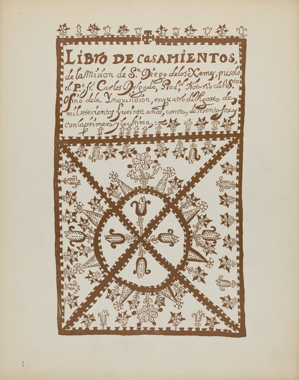 Plåt 1: Jemez Book of Marriages: Från portföljen "Spanska kolonialdesigner i New Mexico" av American 20th Century