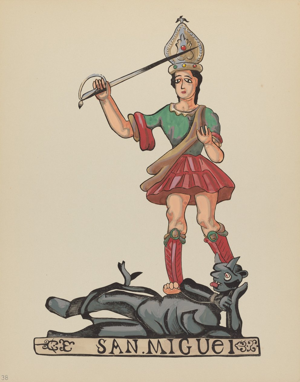 Skylt 38: St. Michael: Från portföljen "Spanska kolonialdesigner i New Mexico av American 20th Century