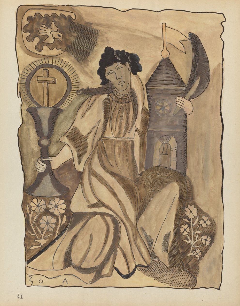 Skylt 41: Saint Barbara: Från portföljen "Spanska koloniala mönster i New Mexico" av American 20th Century