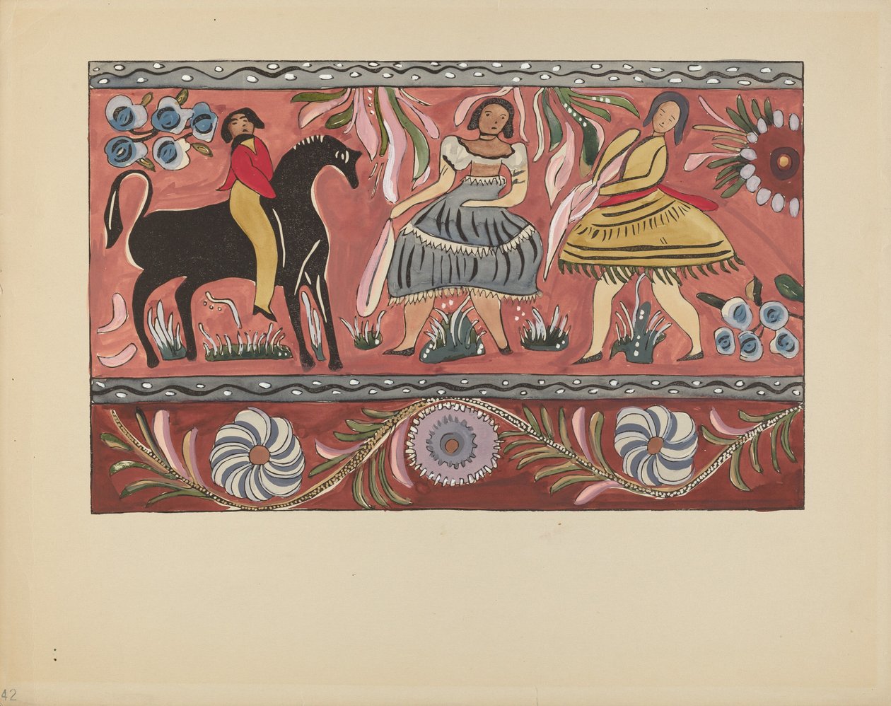 Skylt 42: Målad bröstdesign: Från portföljen "Spanska koloniala mönster i New Mexico" av American 20th Century