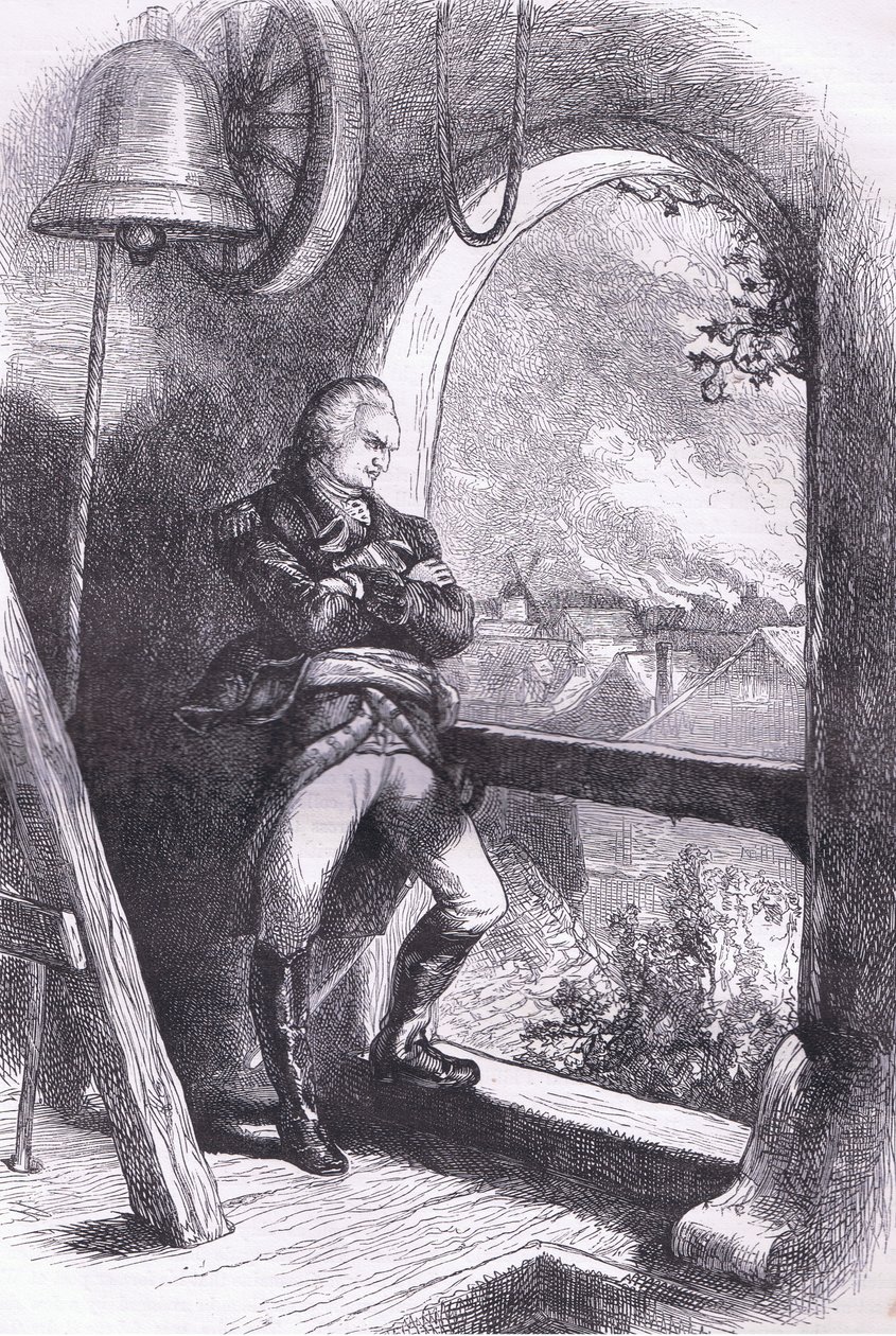 Arnold tittar på förstörelsen av New England, illustration från Cassells History of the United States publicerad av Cassell, Petter & Galpin, c.1900 (litho) av American English school