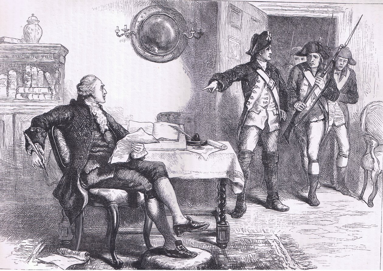 Arrestering av William Franklin, illustration från Cassells History of the United States publicerad av Cassell, Petter & Galpin, c.1900 (litho) av American English school