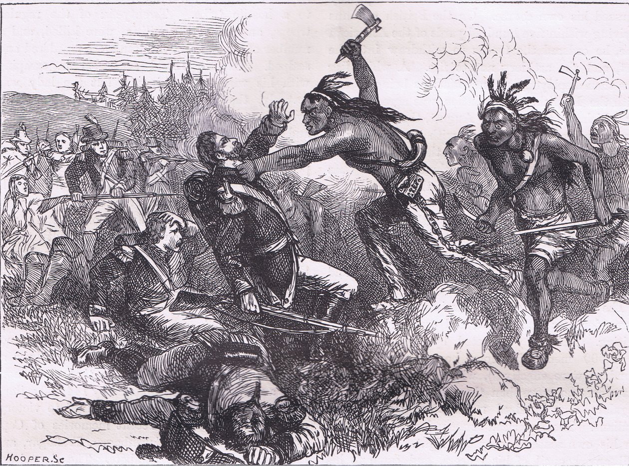 Attack of the Indians at Fort Dearborn, illustration från Cassells History of the United States publicerad av Cassell, Petter & Galpin, c.1900 (litho) av American English school