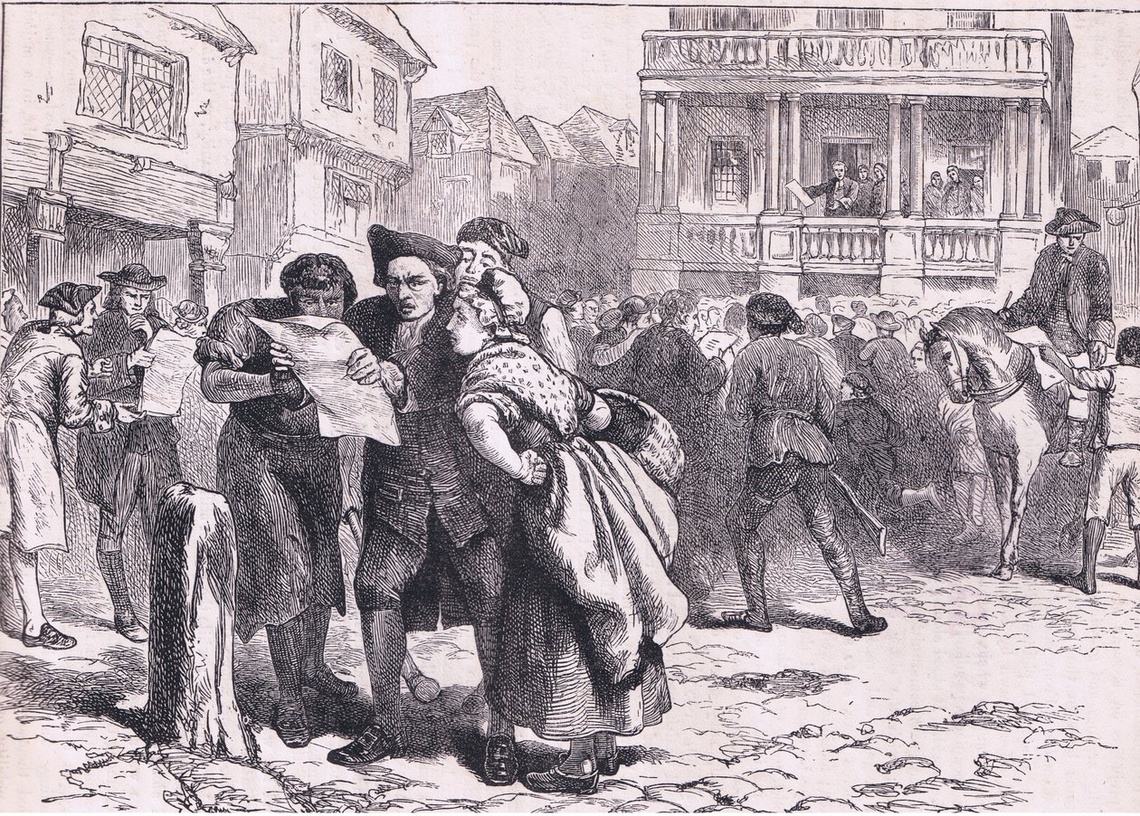 Bostonbor som läser stämpellagen, illustration från Cassells History of the United States publicerad av Cassell, Petter & Galpin, c.1900 (litho) av American English school