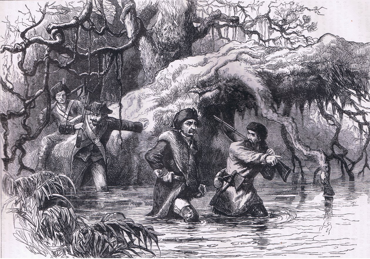 Clarke och hans soldater som korsar Wabash, illustration från Cassells History of the United States publicerad av Cassell, Petter & Galpin, c.1900 (litho) av American English school