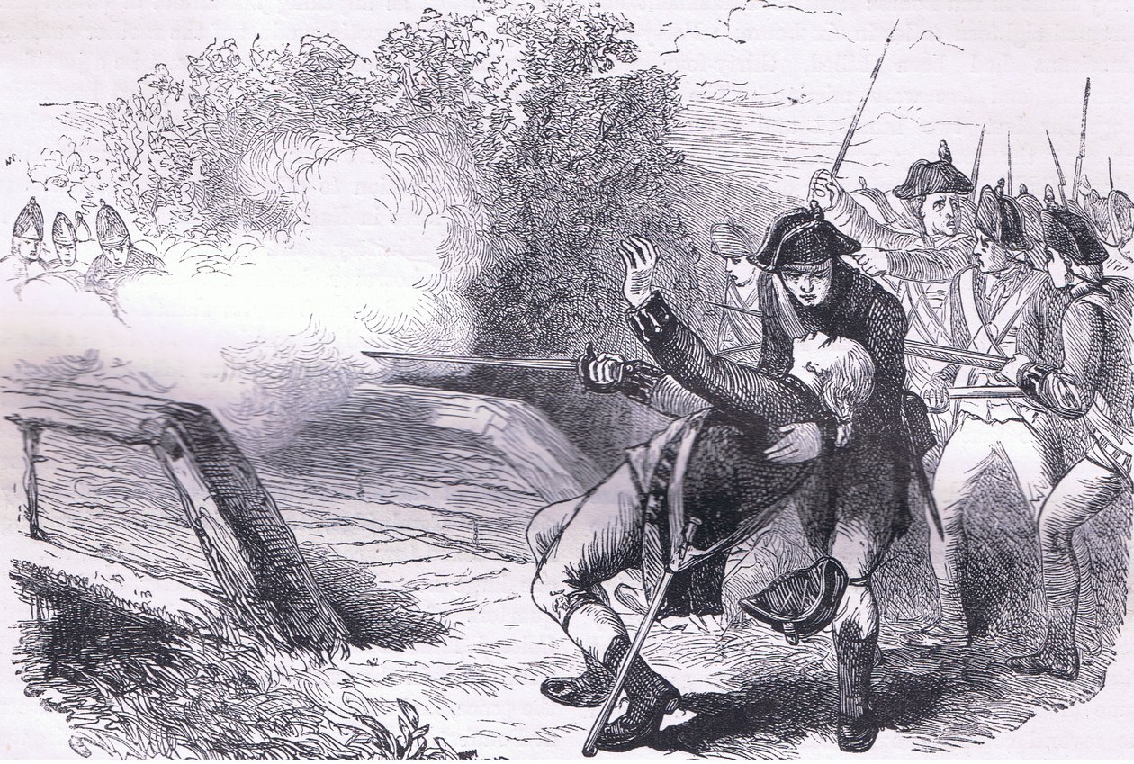 Death of Isaac Davis, illustration från Cassells History of the United States publicerad av Cassell, Petter & Galpin, c.1900 (litho) av American English school