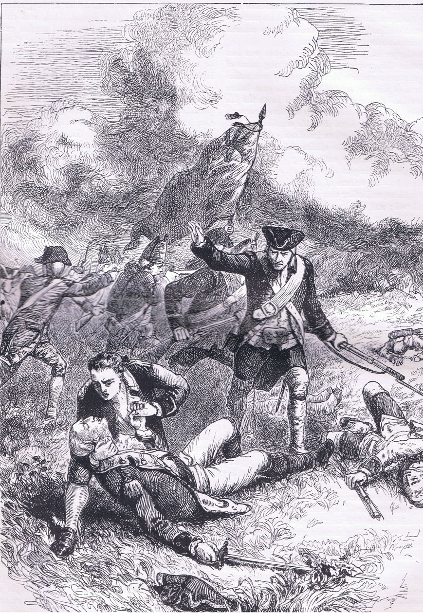 Death of Major Pitcairn, illustration från Cassells History of the United States publicerad av Cassell, Petter & Galpin, c.1900 (litho) av American English school
