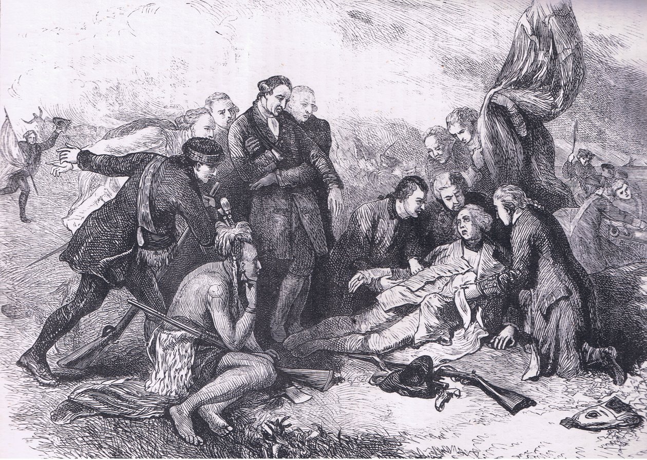 Death of Wolfe, illustration från Cassells History of the United States publicerad av Cassell, Petter & Galpin, c.1900 (litho) av American English school