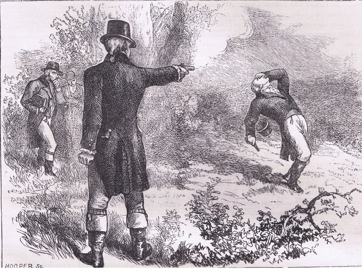 Duell mellan Burr och Hamilton, illustration från Cassells History of the United States publicerad av Cassell, Petter & Galpin, c.1900 (litho) av American English school