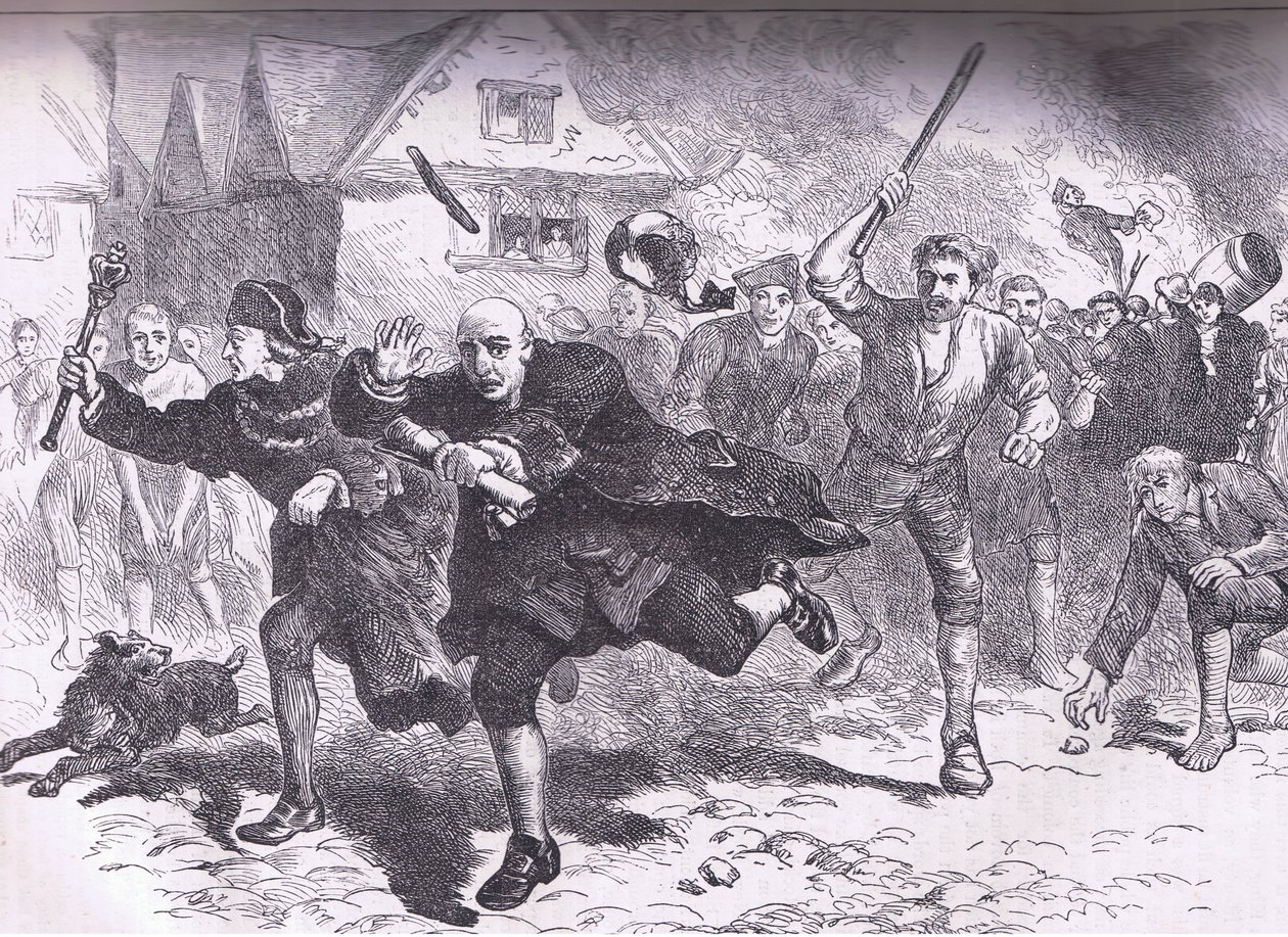 Flight of Hutchinson före upprorsmakarna 1766, illustration från Cassells History of the United States publicerad av Cassell, Petter & Galpin, ca 1900 av American English school
