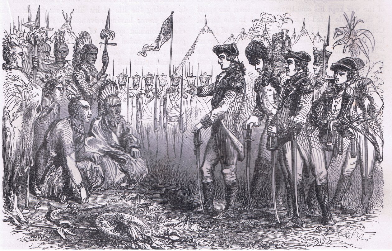 General Burgoyne tilltalar indianerna, illustration från Cassells History of the United States publicerad av Cassell, Petter & Galpin, c.1900 (litho) av American English school